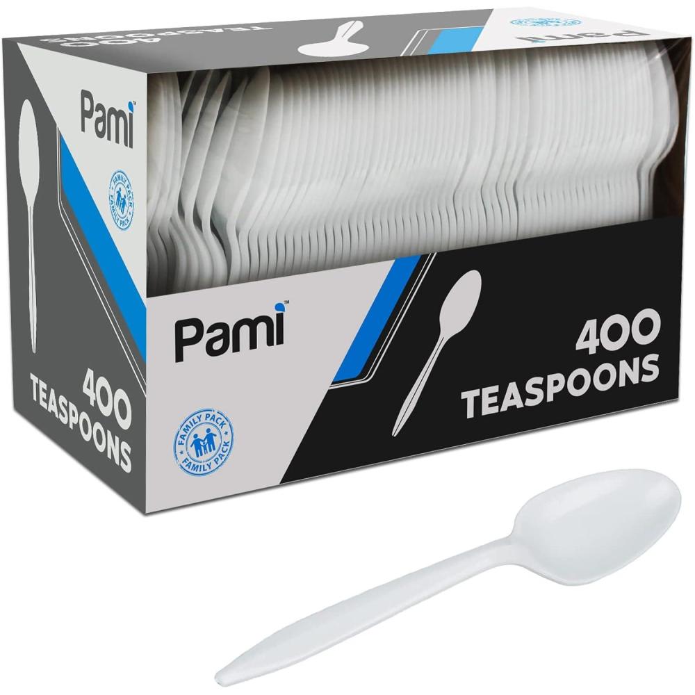 image:imagePAMI MediumWeight Disposable Plastic Forks 400Pack Bulk White Plastic Silverware For Parties Weddings Catering Food Stands Takeaway Orders amp More Sturdy SingleUse Partyware ForksTeaspoons