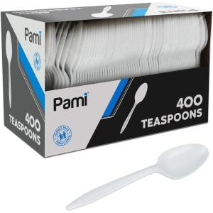 PAMI Medium-Weight Disposable Plastic Forks [400-Pack] – Bulk White Plastic Silverware For Parties, Weddings, Catering Food Stands, Takeaway Orders & More- Sturdy Single-Use Partyware Forks(Teaspoons)