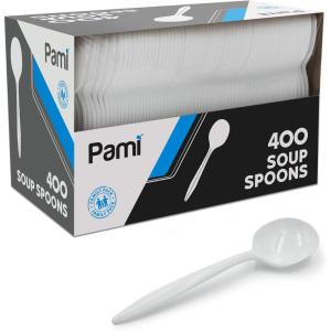 PAMI Medium-Weight Disposable Plastic Forks [400-Pack] – Bulk White Plastic Silverware For Parties, Weddings, Catering Food Stands, Takeaway Orders & More- Sturdy Single-Use Partyware Forks(Soup Spoons)