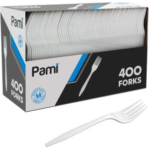 PAMI Medium-Weight Disposable Plastic Forks [400-Pack] – Bulk White Plastic Silverware For Parties, Weddings, Catering Food Stands, Takeaway Orders & More- Sturdy Single-Use Partyware Forks(Forks)