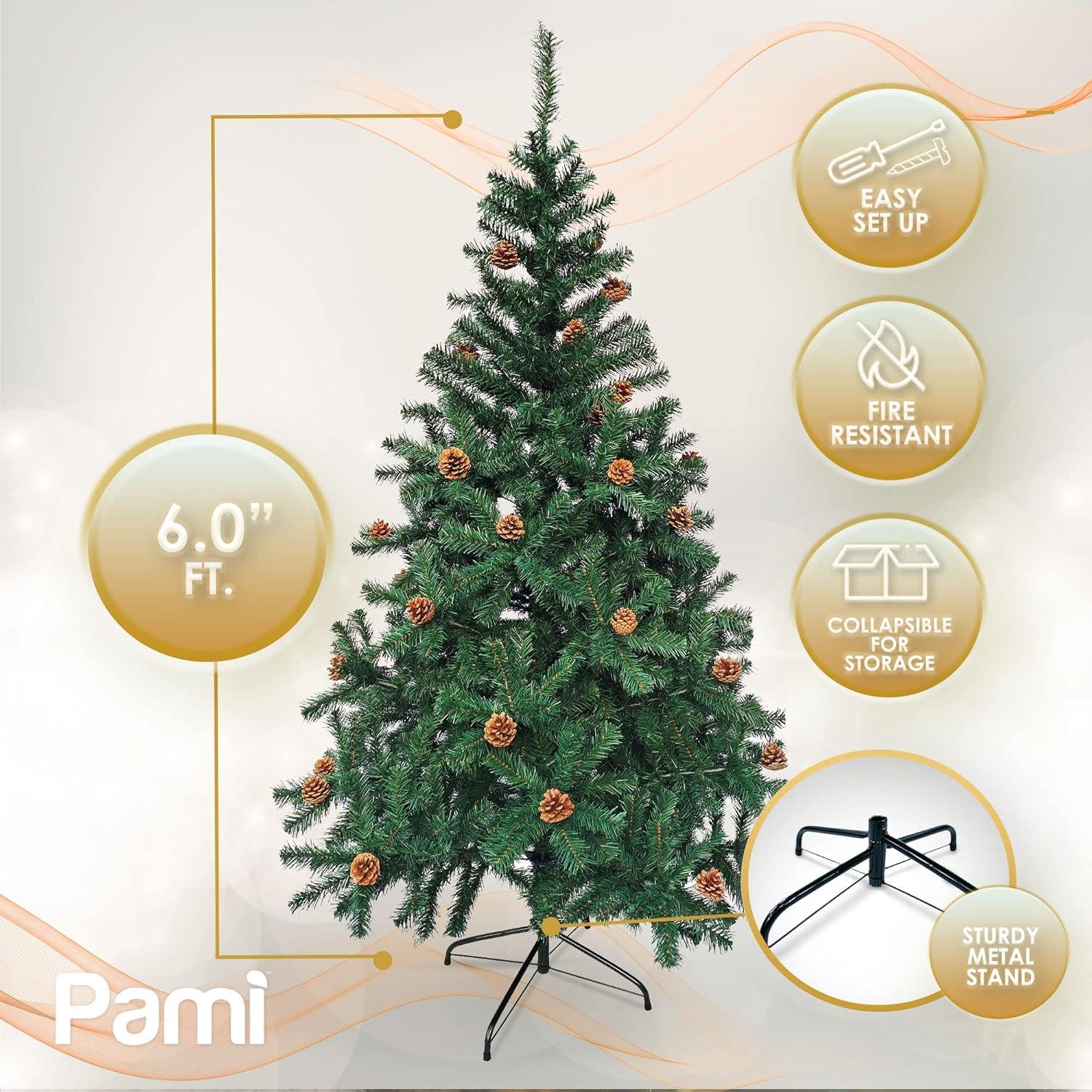 image:imagePAMI Artificial Christmas Tree with Pine Cones 6ft Douglas Fir Tree with 802 Tips Green Christmas Tree with Metal Stand EasyAssembly FoldUp Realistic Xmas Tree for Holiday Home Dcor