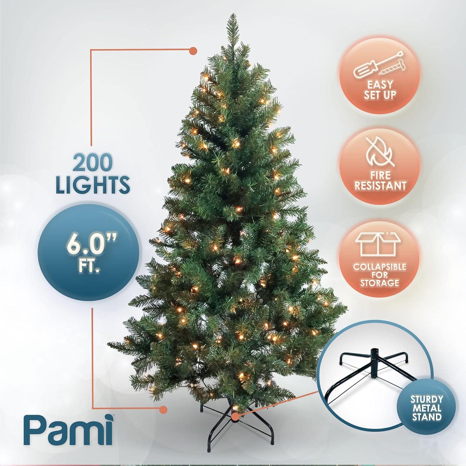 image:imagePAMI Artificial PreLit Christmas Tree 6ft Douglas Fir Tree with 600 Tips amp 200 Lights Green Christmas Tree with Metal Stand EasyAssembly FoldUp Realistic Xmas Tree for Holiday Home Dcor
