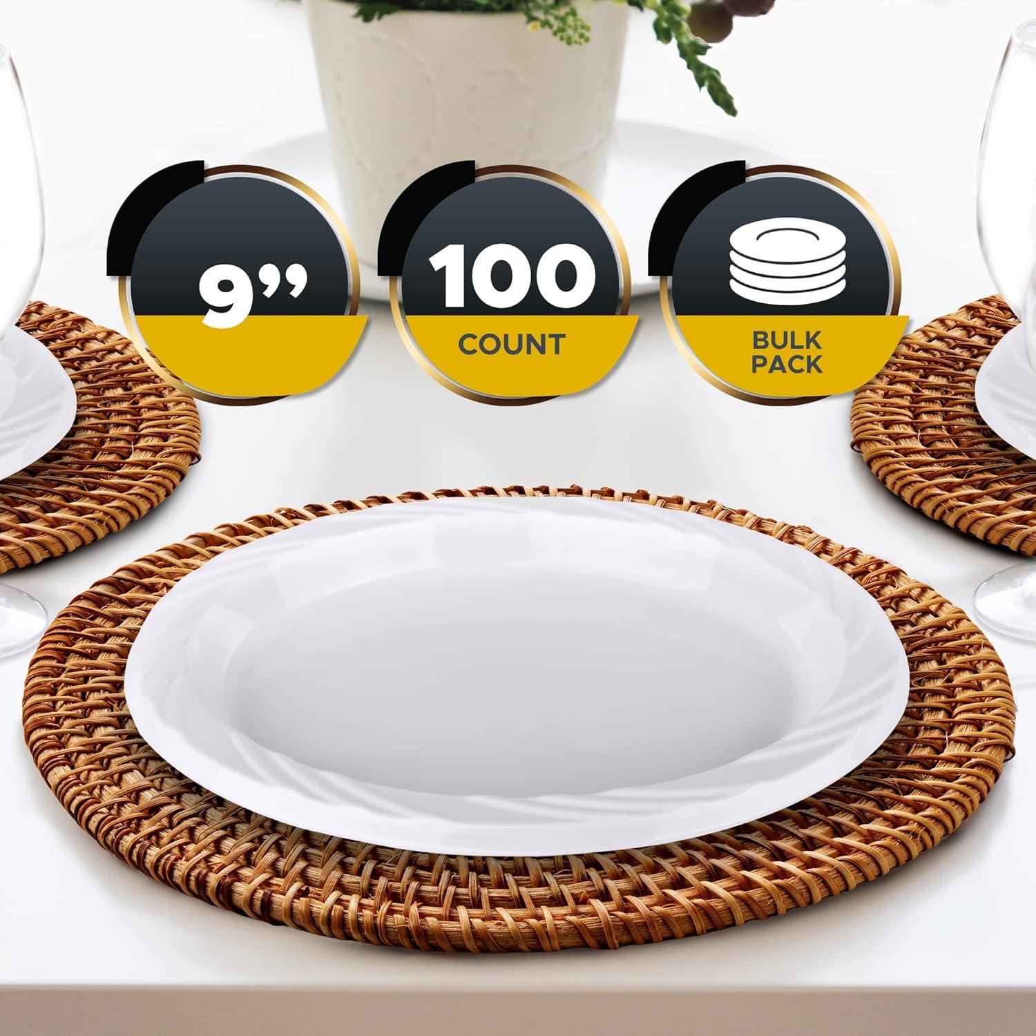 image:imagePAMI HeavyDuty Disposable Plastic Dinnerware for Parties Elegant Design Microwave amp Freezer Safe 9 Inch Plates 100 White