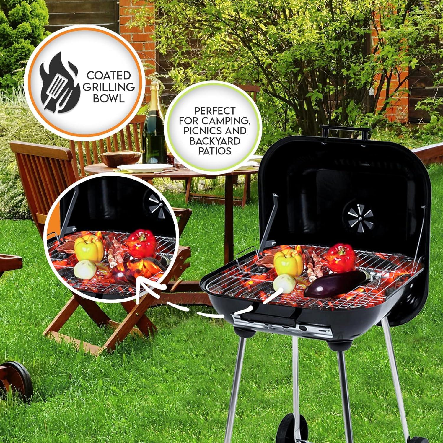 image:imagePAMI Portable BBQ Charcoal Standing Grill 18 Square Covered Smoker Grill With Wheels For Courtyard Backyard Patio Camping Tailgating Picnics Lightweight Metal Outdoor Cooking Grill With Rack