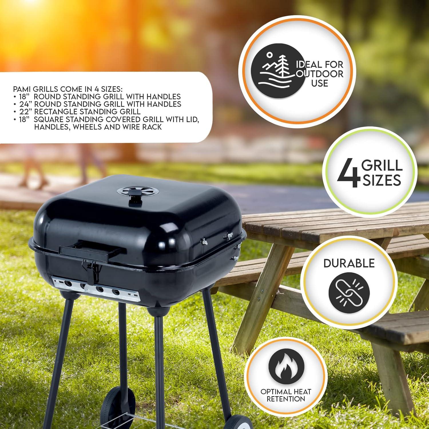 image:imagePAMI Portable BBQ Charcoal Standing Grill 18 Square Covered Smoker Grill With Wheels For Courtyard Backyard Patio Camping Tailgating Picnics Lightweight Metal Outdoor Cooking Grill With Rack