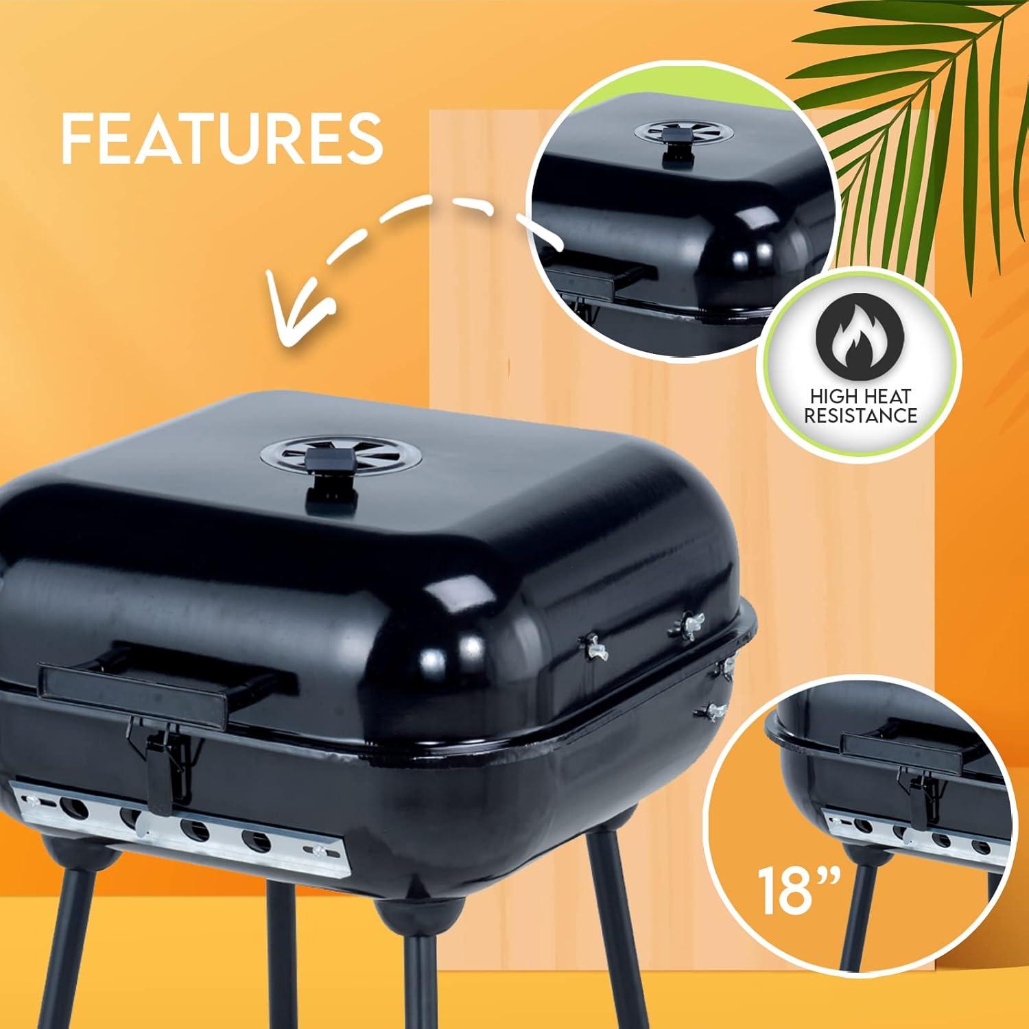 image:imagePAMI Portable BBQ Charcoal Standing Grill 18 Square Covered Smoker Grill With Wheels For Courtyard Backyard Patio Camping Tailgating Picnics Lightweight Metal Outdoor Cooking Grill With Rack
