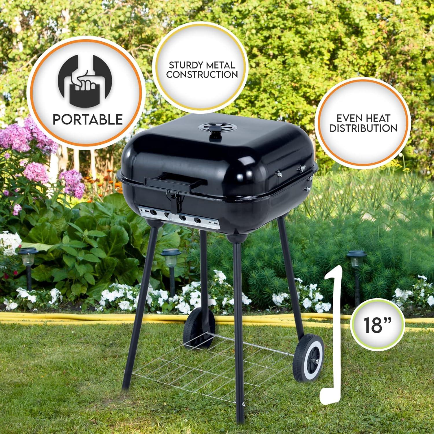 image:imagePAMI Portable BBQ Charcoal Standing Grill 18 Square Covered Smoker Grill With Wheels For Courtyard Backyard Patio Camping Tailgating Picnics Lightweight Metal Outdoor Cooking Grill With Rack