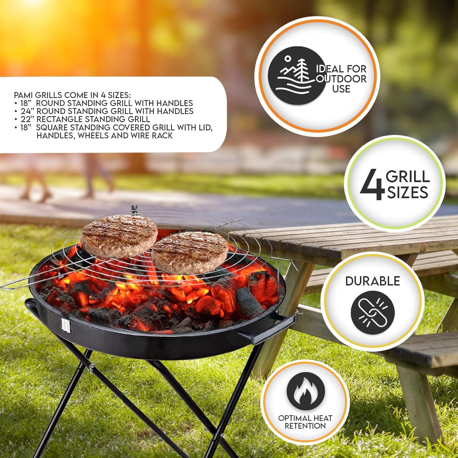 image:imagePAMI Portable BBQ Charcoal Standing Grill24 Round Medium Grill with Handles For Courtyard Backyard Patio Tailgating amp Picnics Lightweight Metal Outdoor Cooking Grill For Steaks Veggies amp More
