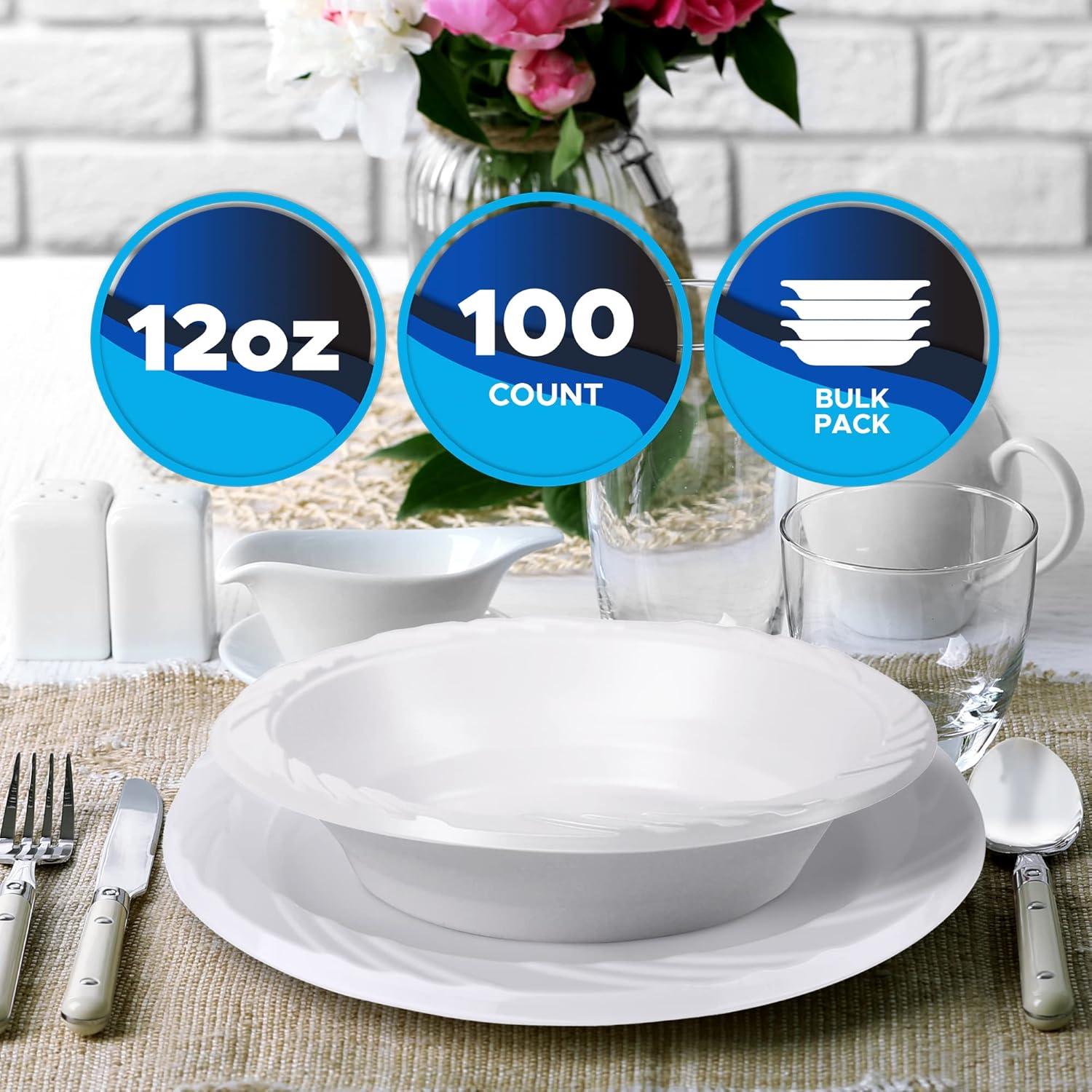 image:imagePAMI Premium Disposable Plastic Bowls White Serving Soup Bowls For Dinner Salads Desserts HeavyDuty Microwavable Round Rimmed Bowls In Bulk Elegant Plastic Dinnerware Set 12oz