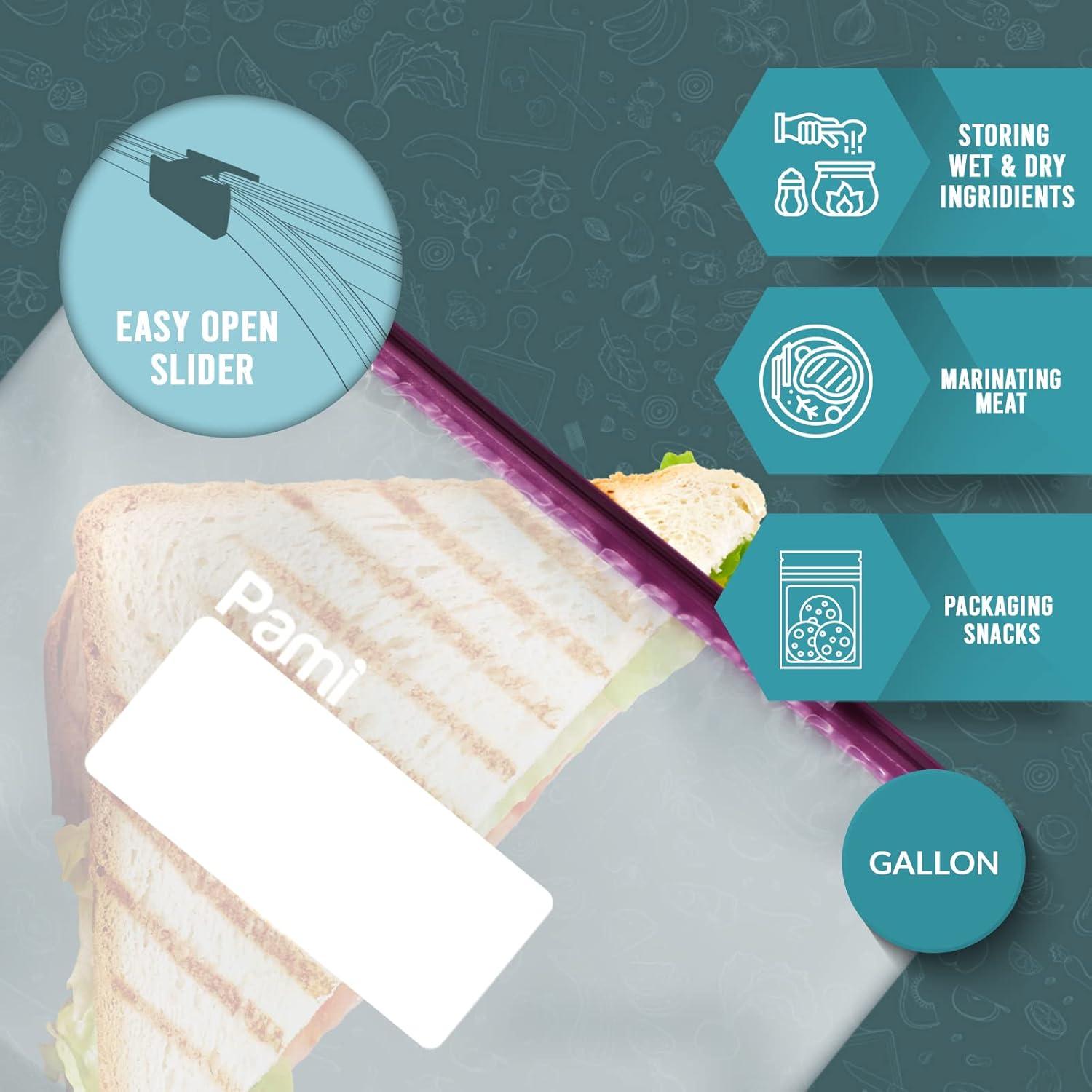 image:imagePAMI Thick Leakproof Reusable Slider Zipper Food Storage Bags for Pantry and Freezer with Expandable Base and WriteOn Label Quart 50 Clear40
