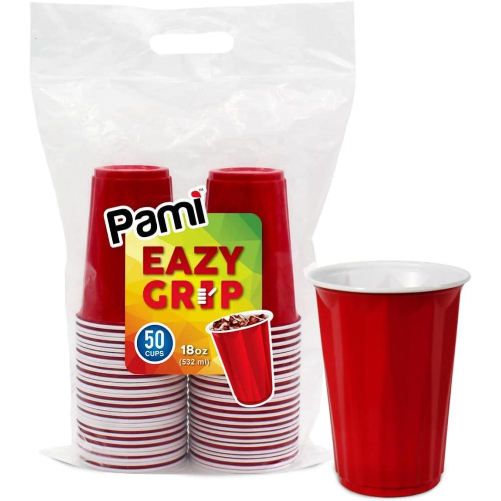 image:imagePAMI Easy Grip Red Plastic Party Cups Pack of 50  18oz Disposable Drinking Glasses Plastic Glasses For Iced Tea Smoothies Punch Cocktails amp Cold Drinks BeerBeerpong Cups In Resealable Bag