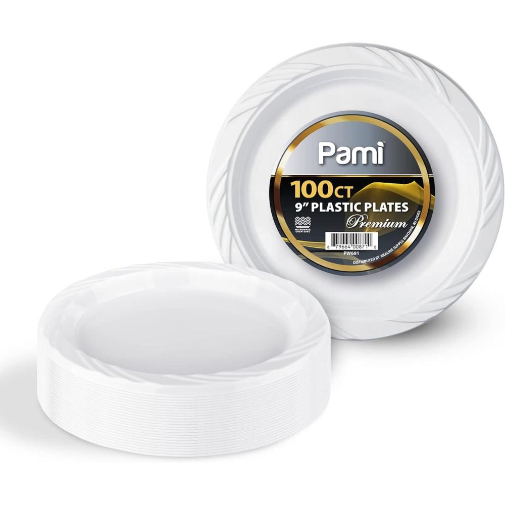 image:imagePAMI HeavyDuty Disposable Plastic Dinnerware for Parties Elegant Design Microwave amp Freezer Safe 9 Inch Plates 100 White
