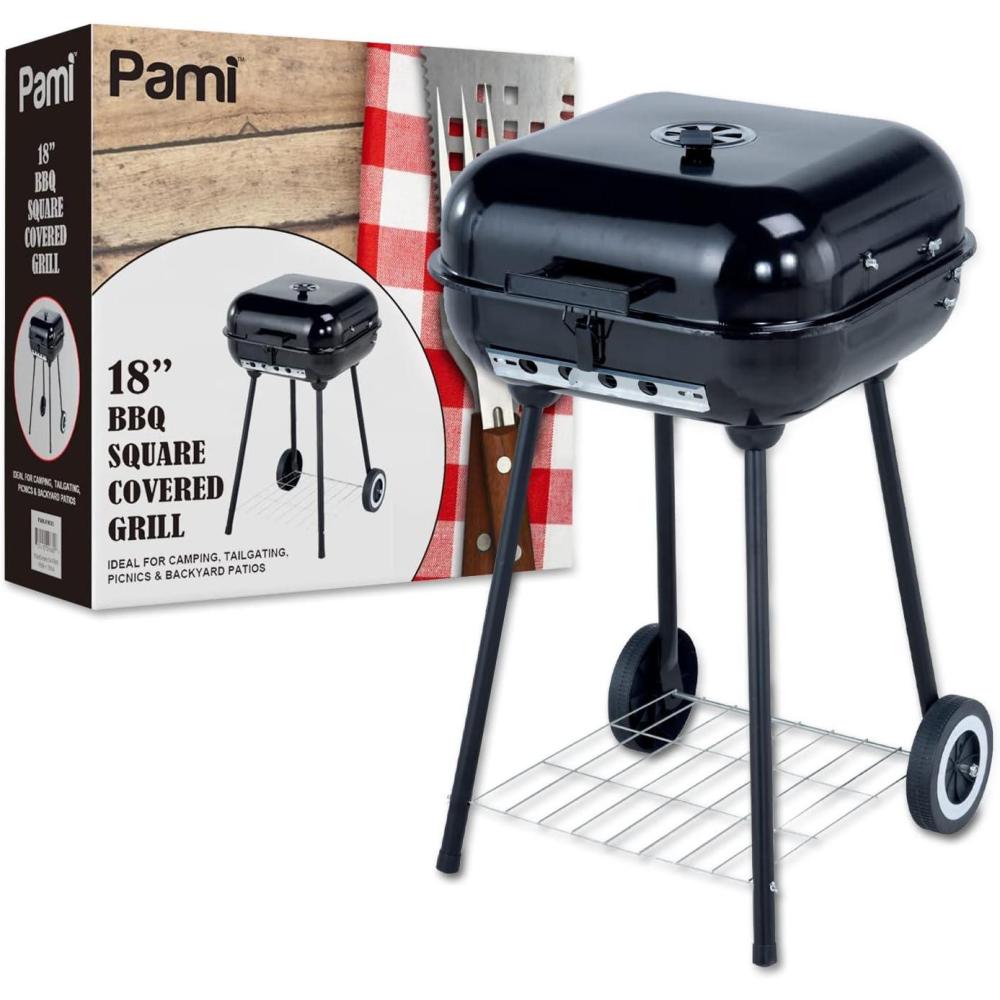 image:imagePAMI Portable BBQ Charcoal Standing Grill  18 Square Covered Smoker Grill With Wheels For Courtyard Backyard Patio Camping Tailgating Picnics Lightweight Metal Outdoor Cooking Grill With Rack