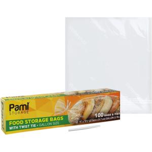 PAMI Gallon Twist Tie Storage Bags – 100 Disposable Plastic Food-Safe Baggies with Ties, 11×12.5 in, Versatile for Kitchen, Home, Office Uses