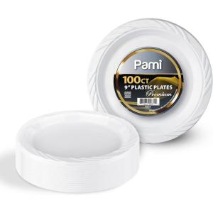 PAMI Heavy-Duty Disposable Plastic Dinnerware for Parties, Elegant Design, Microwave & Freezer Safe (9 Inch Plates 100 White)