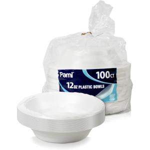 PAMI Premium Disposable Plastic Bowls White Serving Soup Bowls For Dinner, Salads, Desserts – Heavy-Duty Microwavable Round Rimmed Bowls In Bulk- Elegant Plastic Dinnerware Set (12oz)