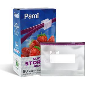 PAMI Thick Leakproof Reusable Slider Zipper Food Storage Bags for Pantry and Freezer with Expandable Base and Write-On Label (Quart 50 Clear)(50)