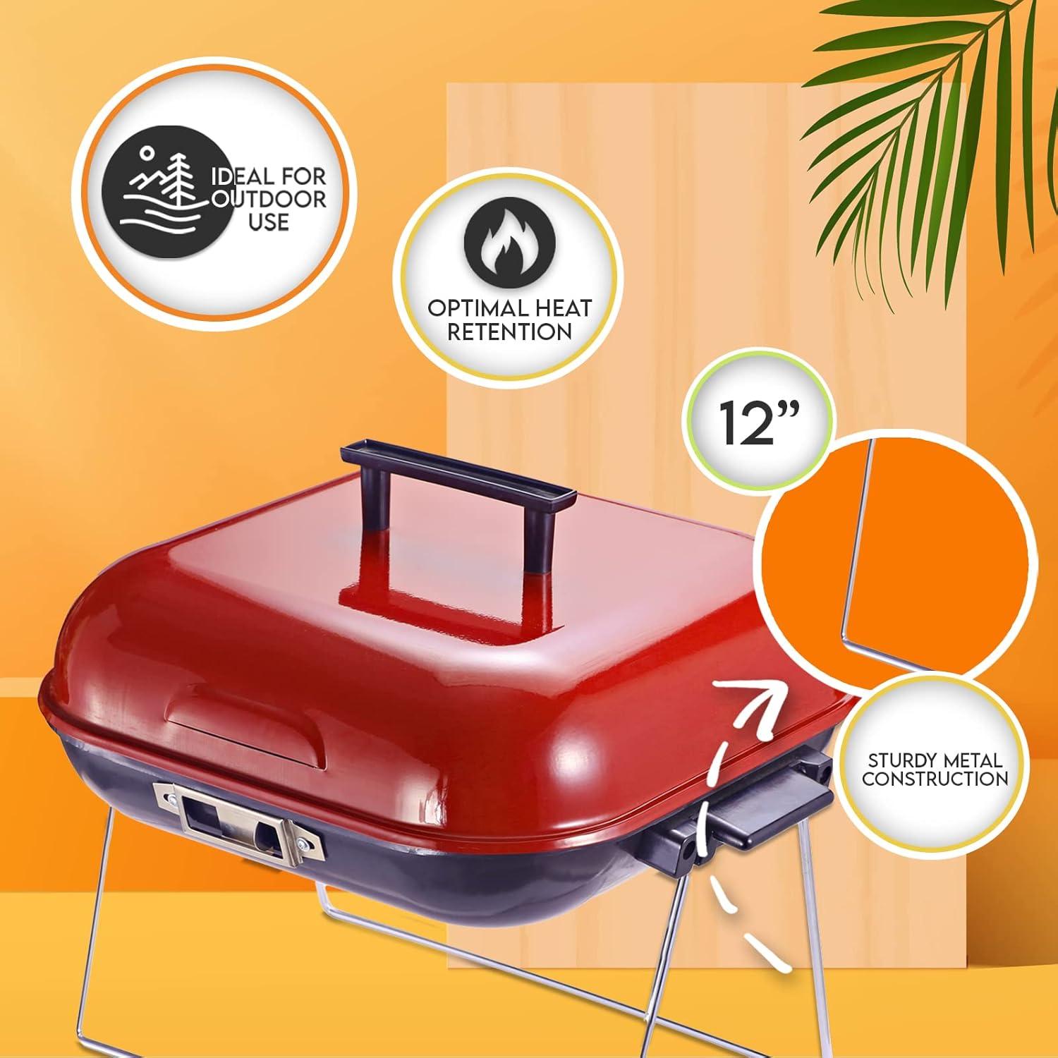 image:imagePAMI Portable BBQ Tabletop Charcoal Grill With Lid 14 x 14 Square Covered Smoker Grill With Folding Legs For Backyard Patio Camping Tailgating Picnics Lightweight Metal Outdoor Cooking Grill