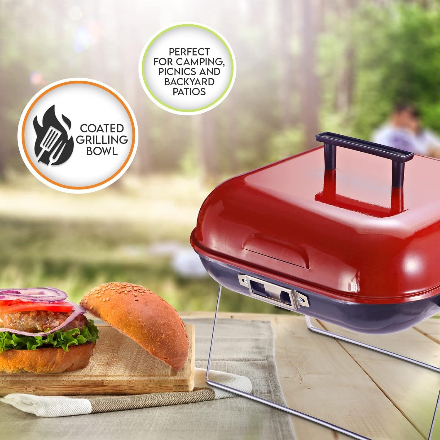 image:imagePAMI Portable BBQ Tabletop Charcoal Grill With Lid 14 x 14 Square Covered Smoker Grill With Folding Legs For Backyard Patio Camping Tailgating Picnics Lightweight Metal Outdoor Cooking Grill