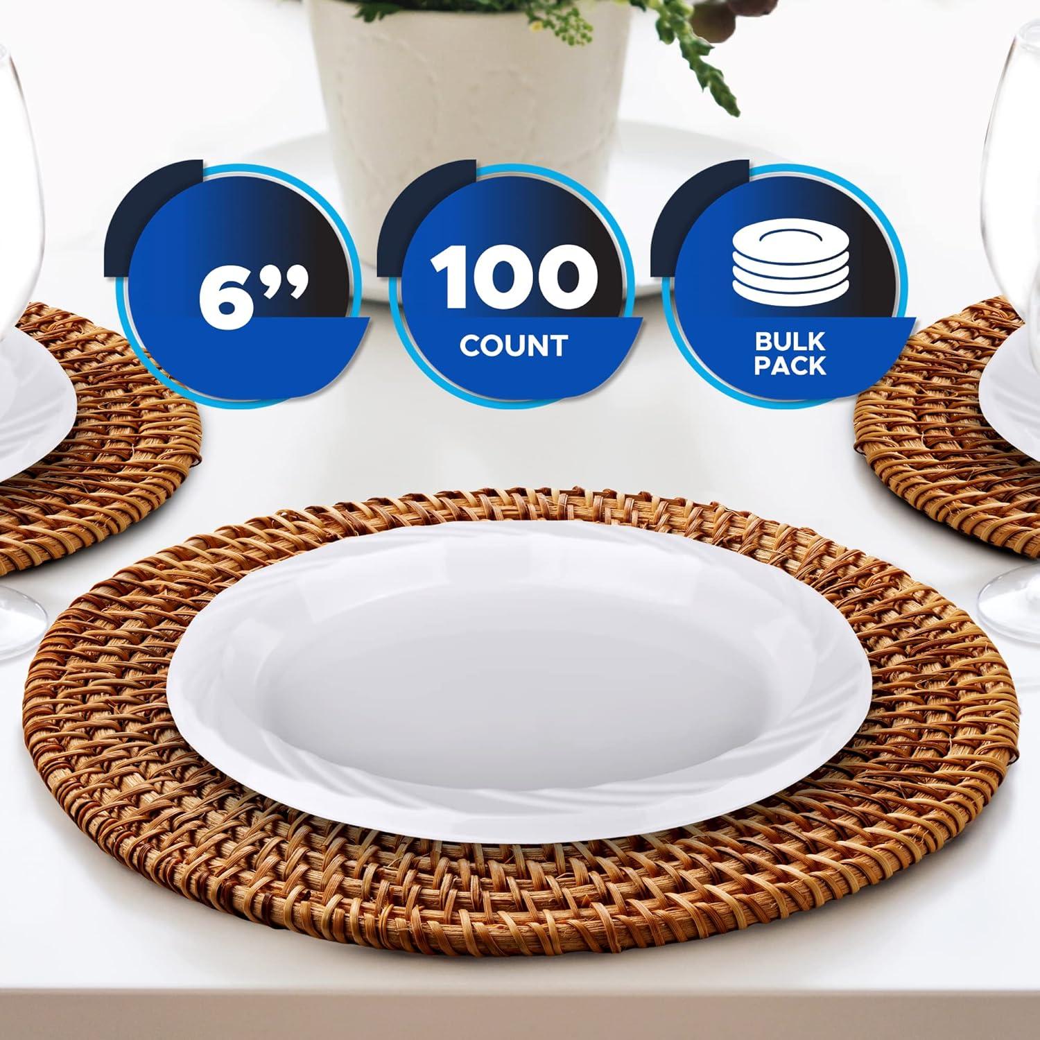 image:imagePAMI Premium Disposable Plastic Plates Pack of 100 6 White Party Plates For Dinner Desserts Appetizers HeavyDuty Microwavable Plates In Bulk For Any Occasion Elegant Plastic Dinnerware Set