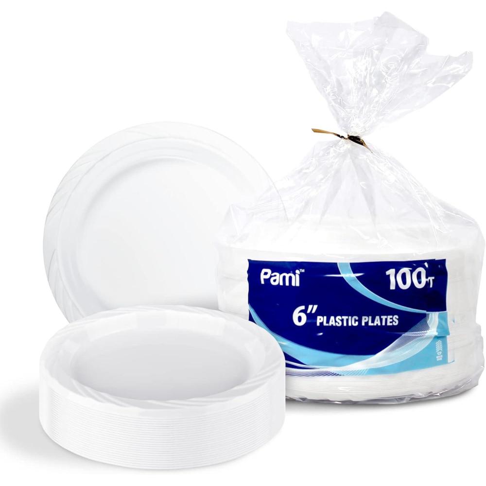 image:imagePAMI Premium Disposable Plastic Plates Pack of 100 6 White Party Plates For Dinner Desserts Appetizers HeavyDuty Microwavable Plates In Bulk For Any Occasion Elegant Plastic Dinnerware Set