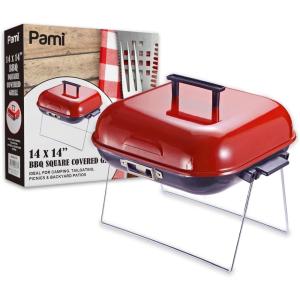 PAMI Portable BBQ Tabletop Charcoal Grill With Lid – 14” x 14” Square Covered Smoker Grill With Folding Legs For Backyard Patio, Camping, Tailgating, Picnics- Lightweight Metal Outdoor Cooking Grill