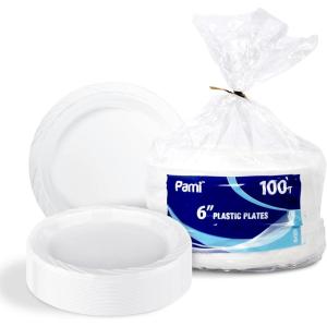PAMI Premium Disposable Plastic Plates [Pack of 100] – 6” White Party Plates For Dinner Desserts Appetizers- Heavy-Duty Microwavable Plates In Bulk For Any Occasion- Elegant Plastic Dinnerware Set