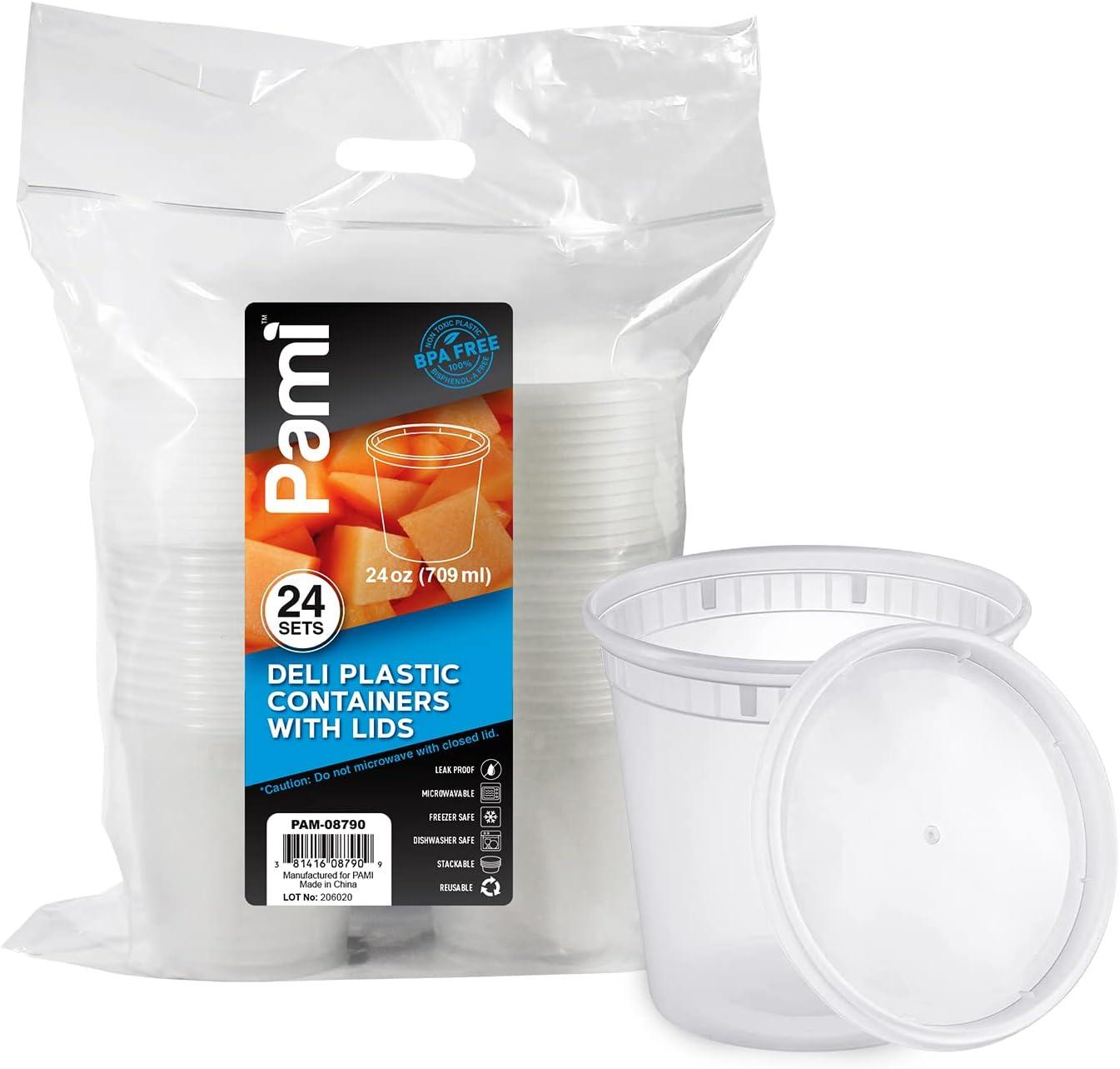 image:imagePAMI Deli Plastic Containers With Lids 24Pack 24oz Small Food Containers For Sauces Salsas Dips BPAFree Microwave amp Freezer Safe Food Storage Pots Clear Meal Prep Condiment Containers