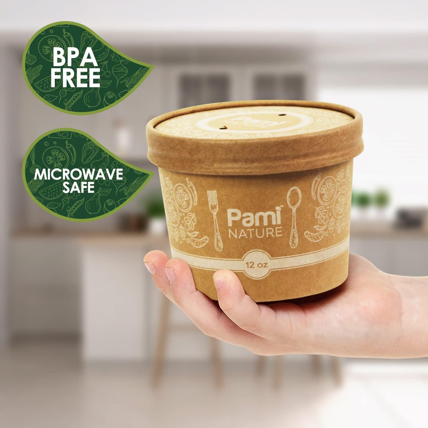 image:imagePAMI Paper Soup Cups With Lids 12oz 50 Pack 100 Biodegradable amp Compostable Paper Bowls For Soups Noodles Chilies amp More Disposable Brown Takeout Soup Containers With Lids