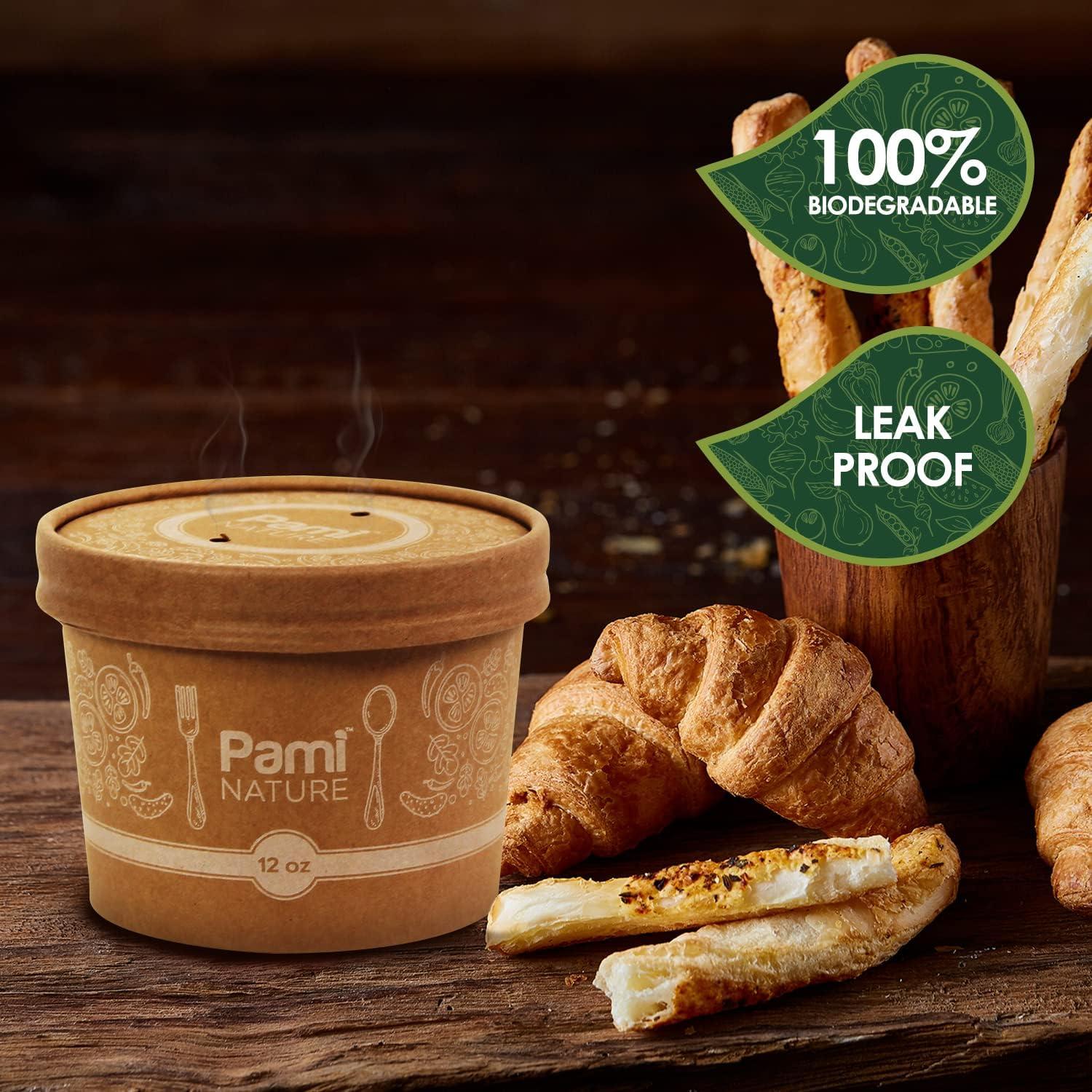image:imagePAMI Paper Soup Cups With Lids 12oz 50 Pack 100 Biodegradable amp Compostable Paper Bowls For Soups Noodles Chilies amp More Disposable Brown Takeout Soup Containers With Lids