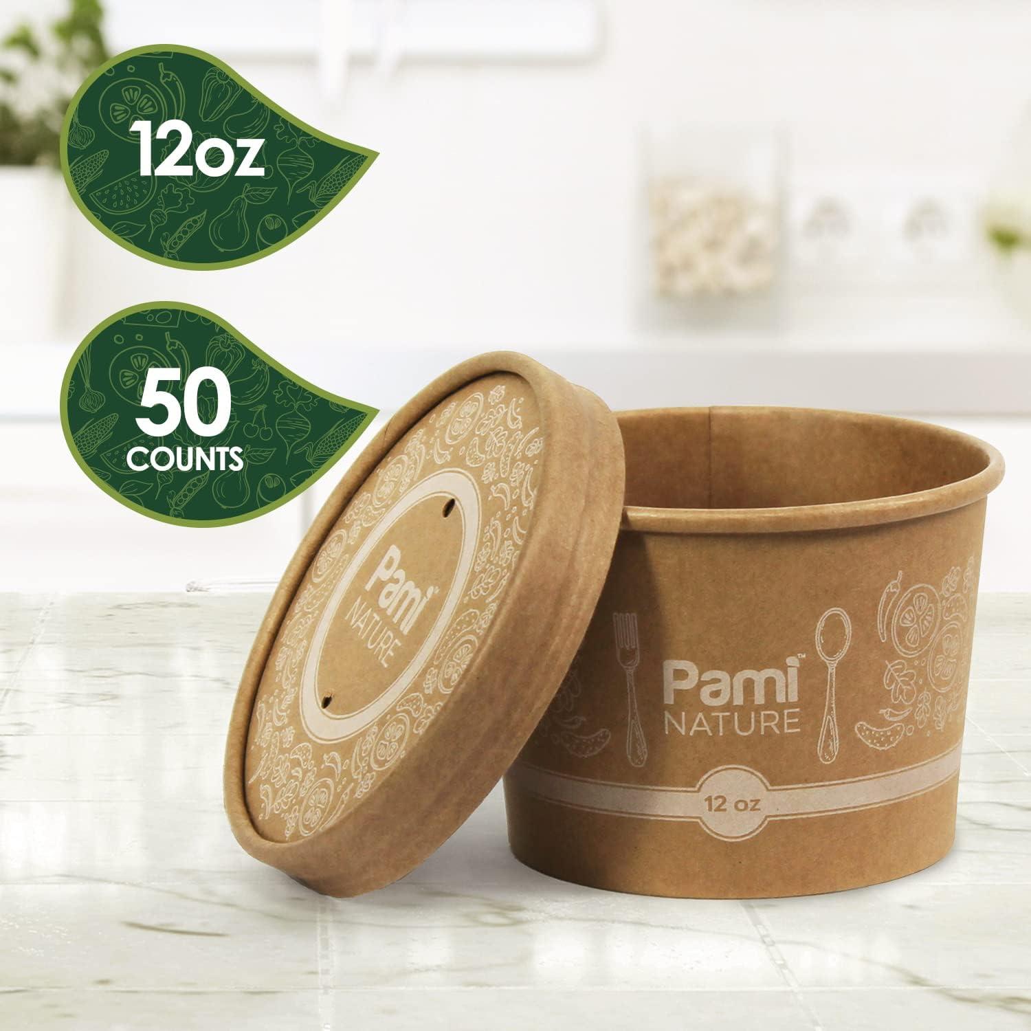 image:imagePAMI Paper Soup Cups With Lids 12oz 50 Pack 100 Biodegradable amp Compostable Paper Bowls For Soups Noodles Chilies amp More Disposable Brown Takeout Soup Containers With Lids