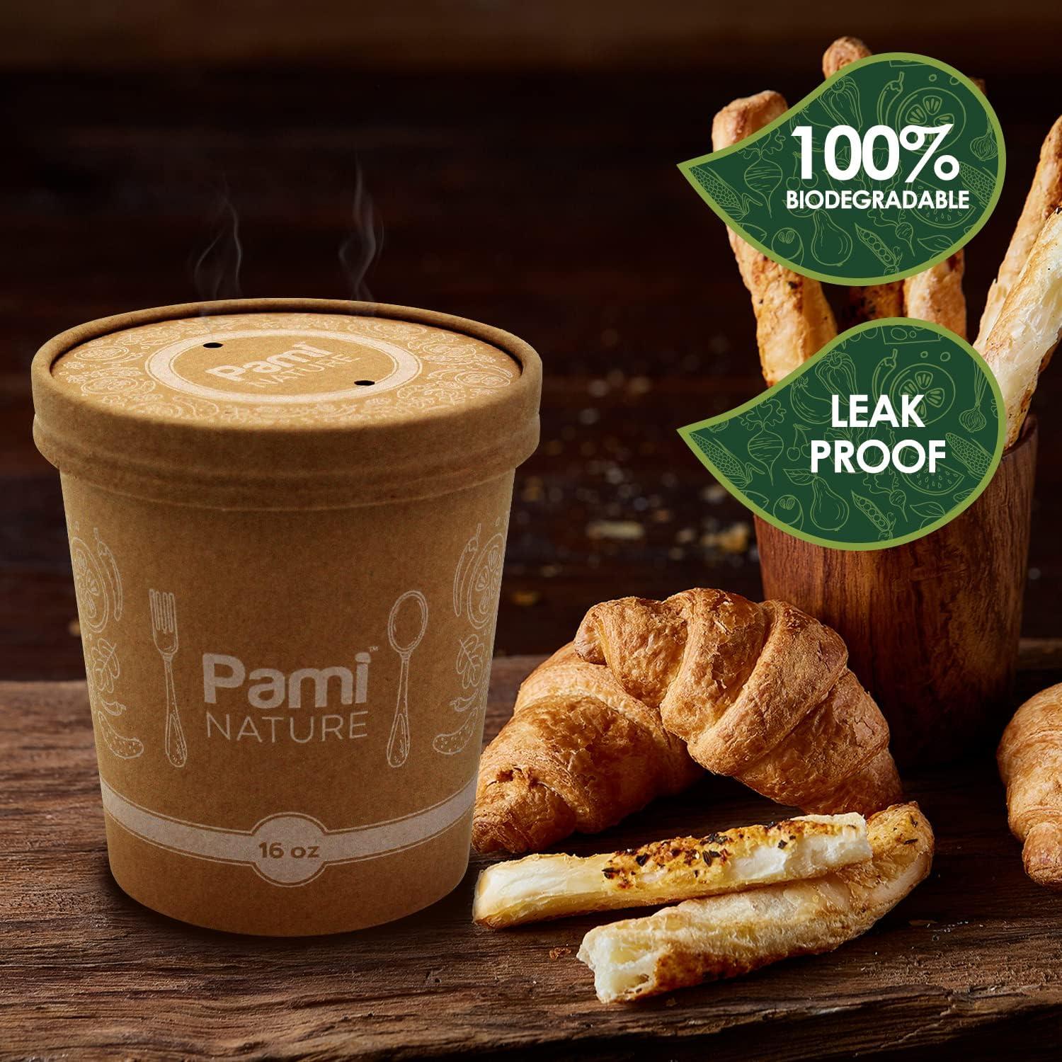image:imagePAMI Paper Soup Cups With Lids 16oz 50 Pack 100 Biodegradable amp Compostable Paper Bowls For Soups Noodles Chilies amp More Disposable Brown Takeout Soup Containers With Lids