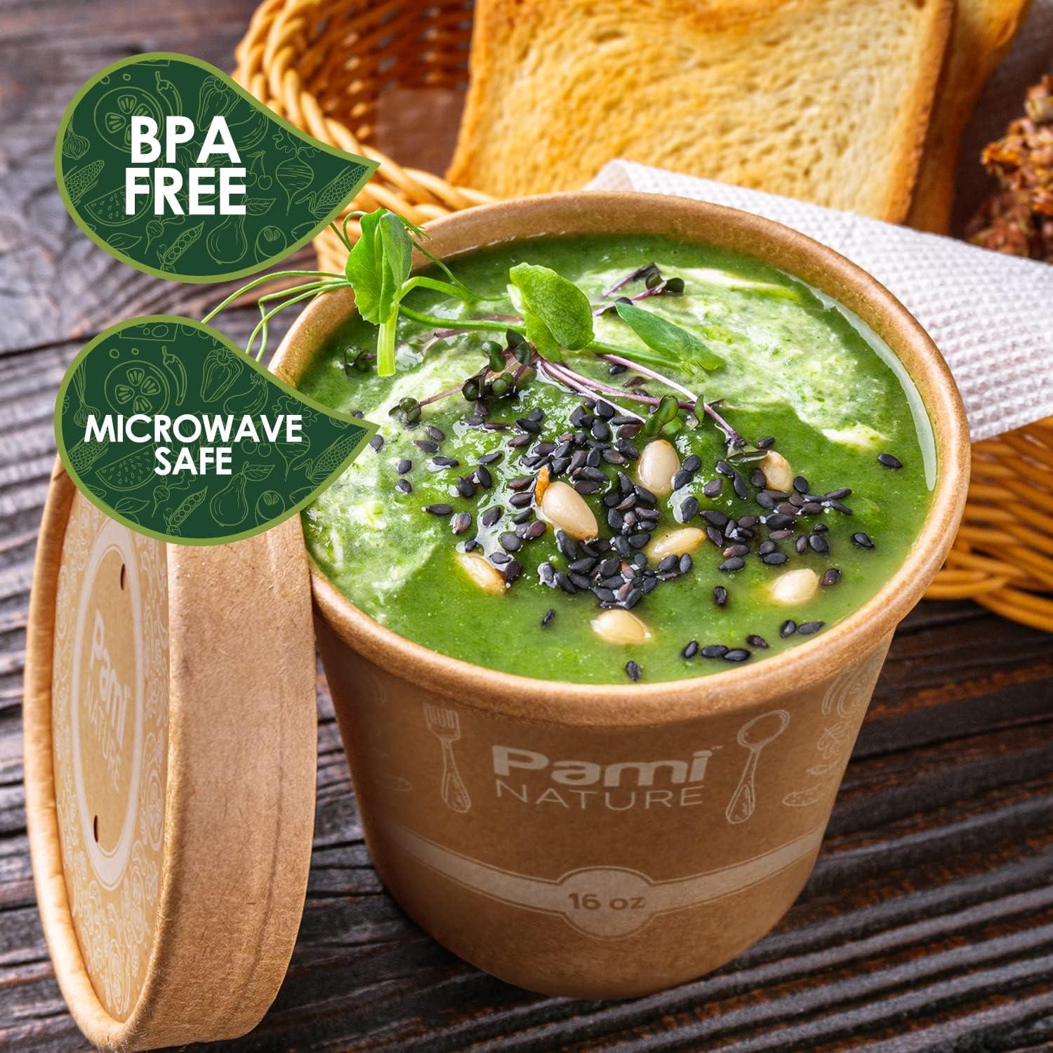 image:imagePAMI Paper Soup Cups With Lids 16oz 50 Pack 100 Biodegradable amp Compostable Paper Bowls For Soups Noodles Chilies amp More Disposable Brown Takeout Soup Containers With Lids