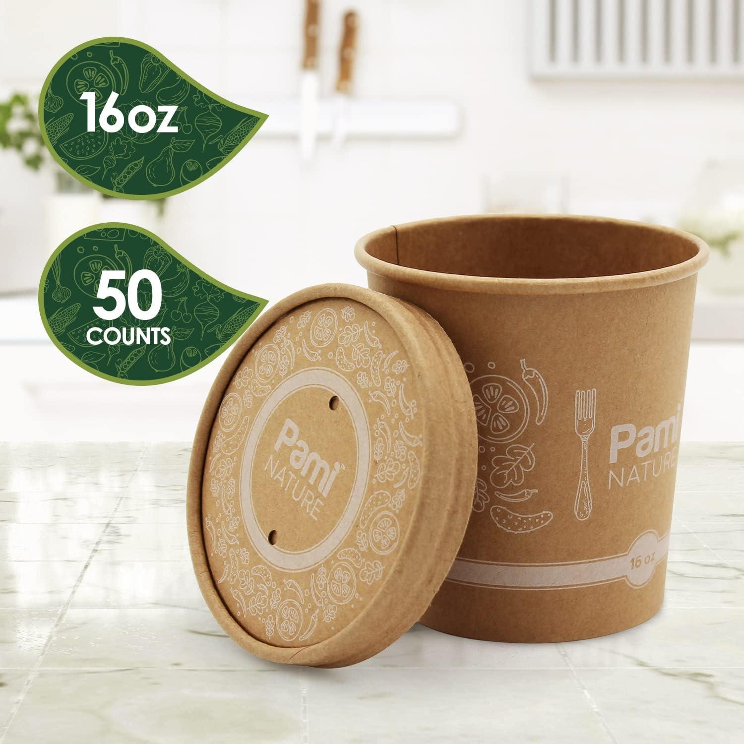 image:imagePAMI Paper Soup Cups With Lids 16oz 50 Pack 100 Biodegradable amp Compostable Paper Bowls For Soups Noodles Chilies amp More Disposable Brown Takeout Soup Containers With Lids