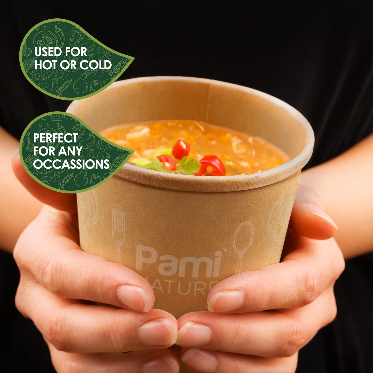 image:imagePAMI Paper Soup Cups With Lids 16oz 50 Pack 100 Biodegradable amp Compostable Paper Bowls For Soups Noodles Chilies amp More Disposable Brown Takeout Soup Containers With Lids