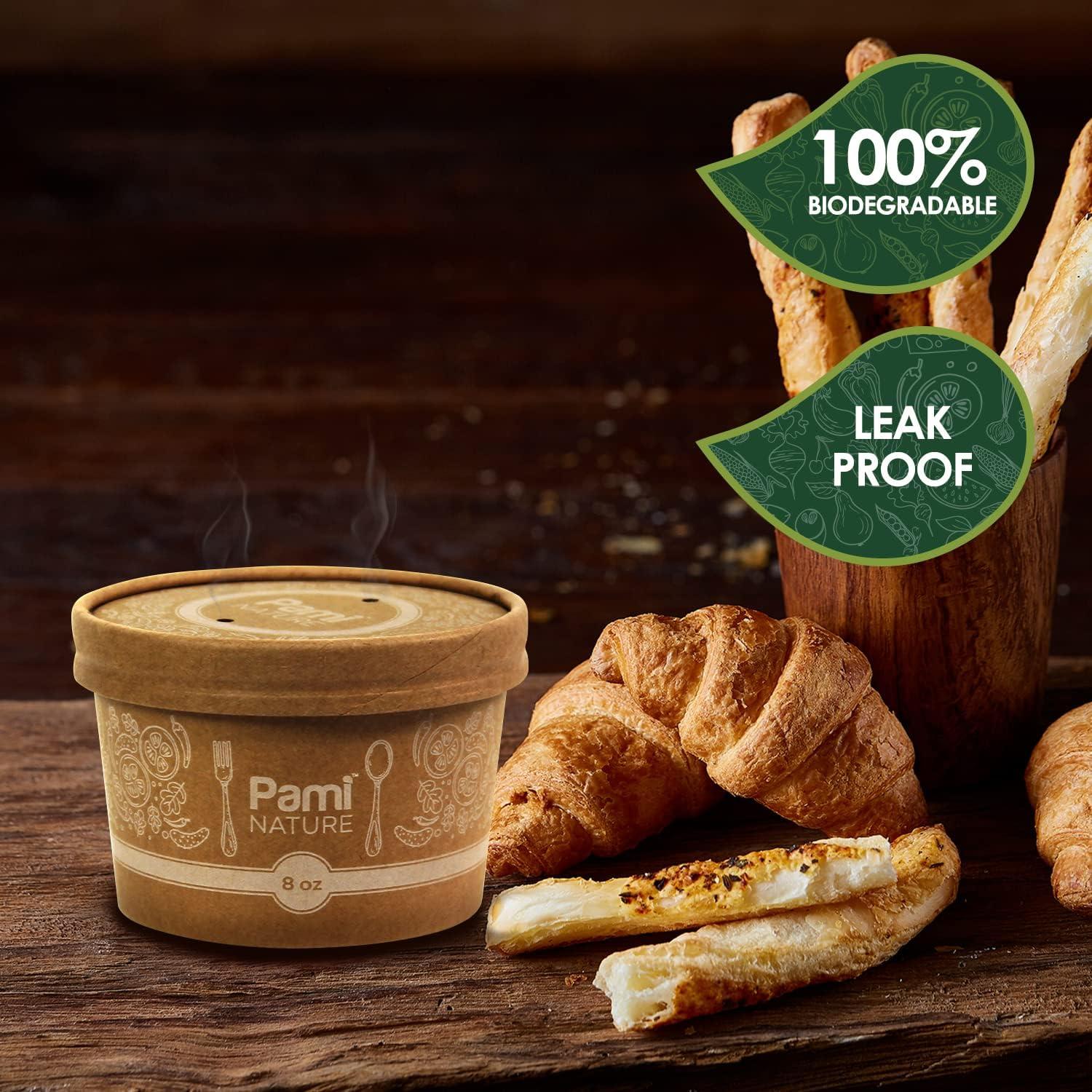 image:imagePAMI Paper Soup Cups With Lids 8oz 50 Pack 100 Biodegradable amp Compostable Paper Bowls For Soups Noodles Chilies amp More Disposable Brown Takeout Soup Containers With Lids