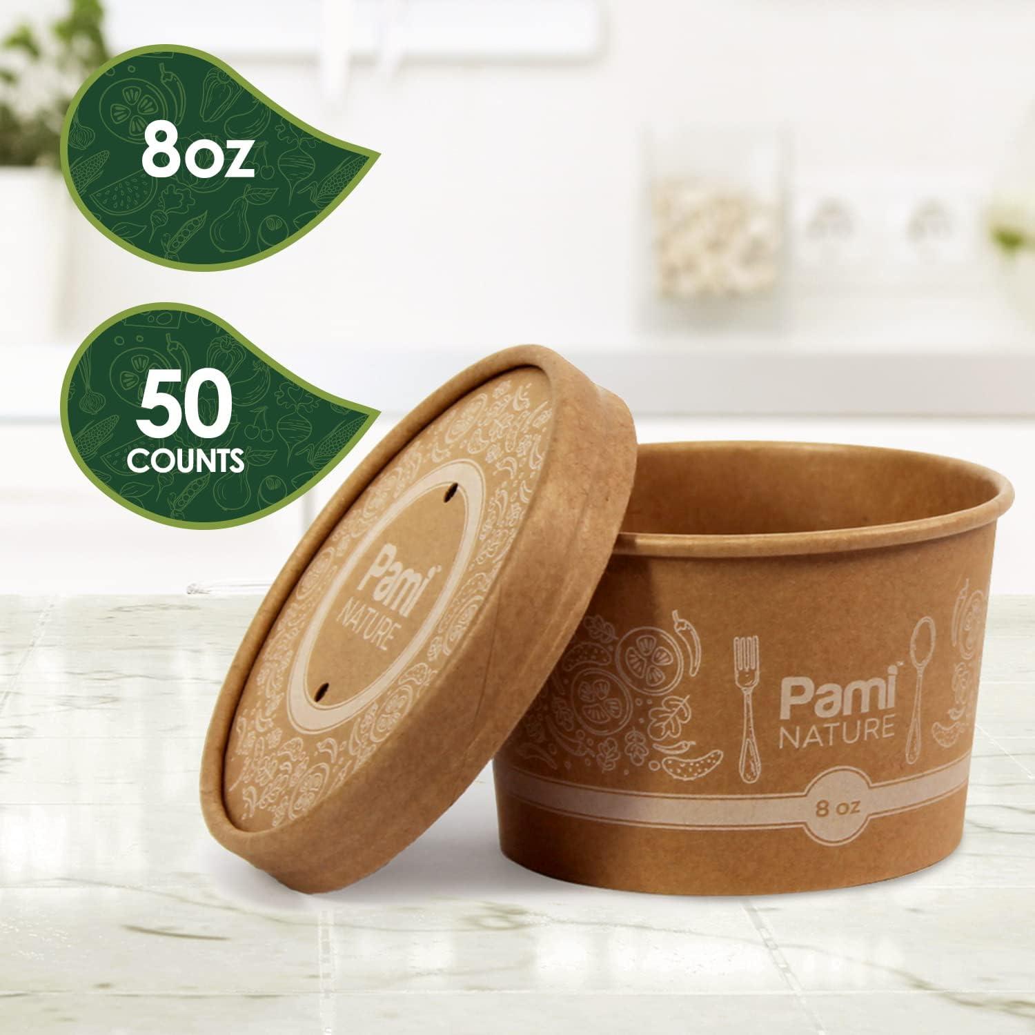 image:imagePAMI Paper Soup Cups With Lids 8oz 50 Pack 100 Biodegradable amp Compostable Paper Bowls For Soups Noodles Chilies amp More Disposable Brown Takeout Soup Containers With Lids