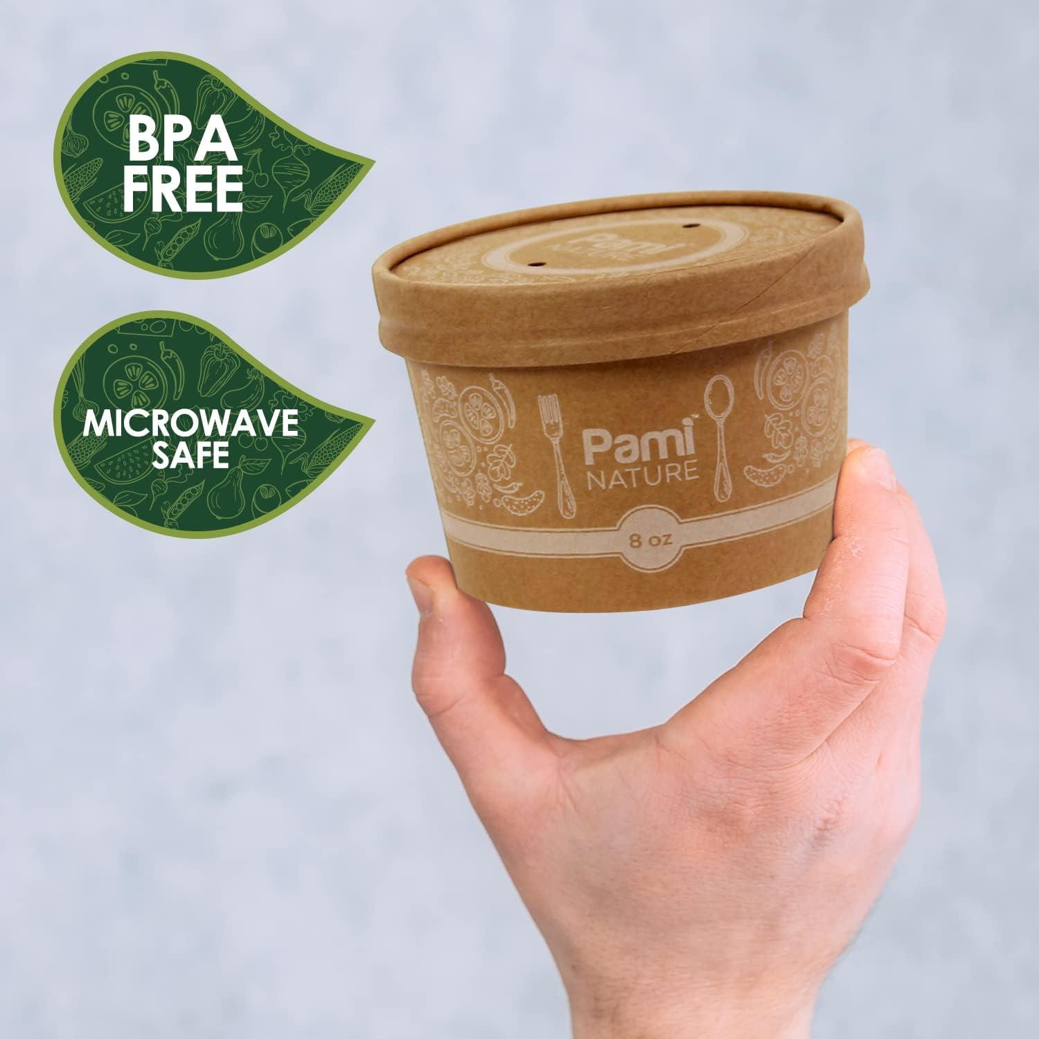image:imagePAMI Paper Soup Cups With Lids 8oz 50 Pack 100 Biodegradable amp Compostable Paper Bowls For Soups Noodles Chilies amp More Disposable Brown Takeout Soup Containers With Lids