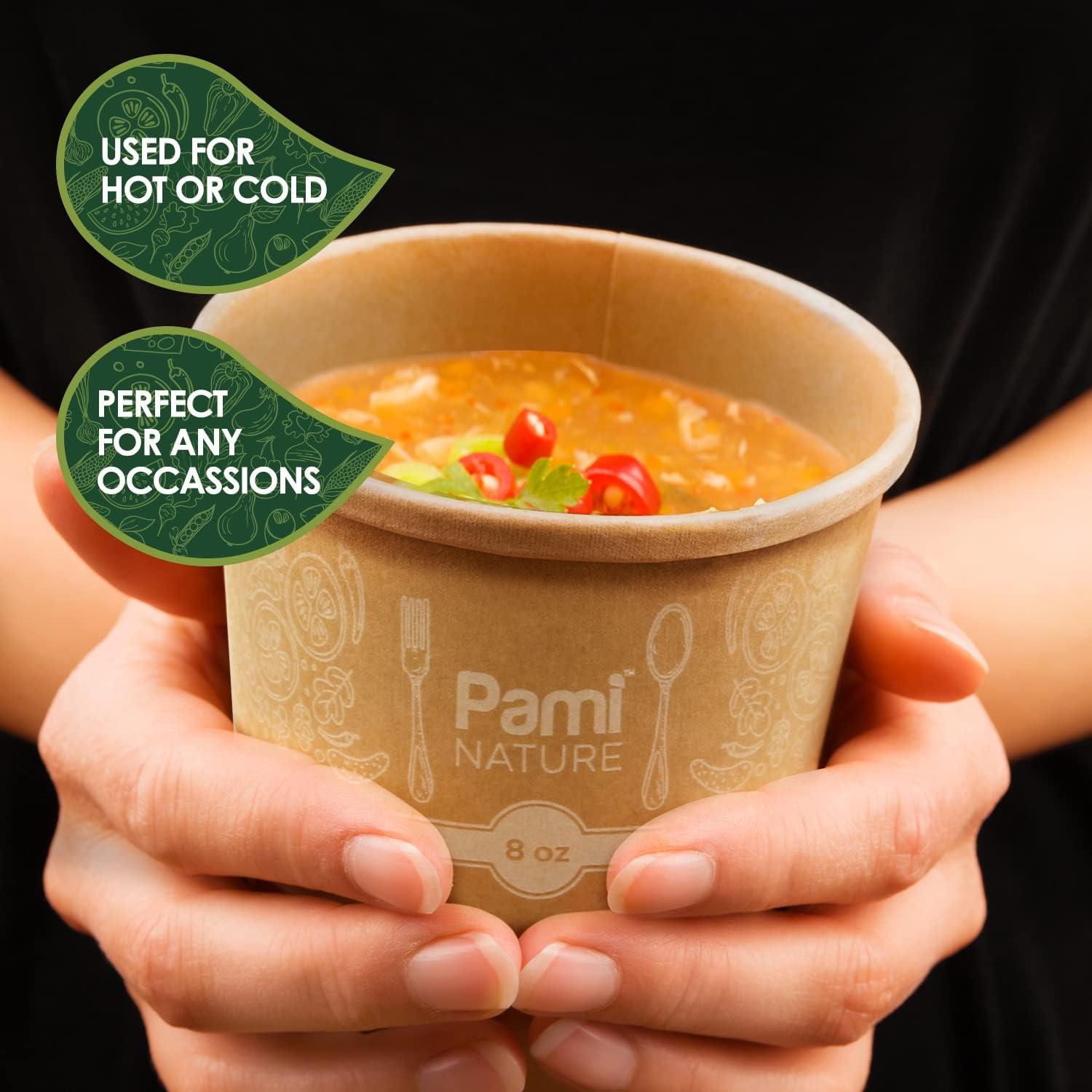 image:imagePAMI Paper Soup Cups With Lids 8oz 50 Pack 100 Biodegradable amp Compostable Paper Bowls For Soups Noodles Chilies amp More Disposable Brown Takeout Soup Containers With Lids