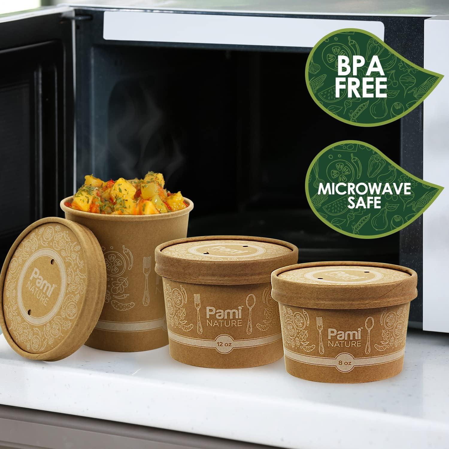 image:imagePAMI Paper Soup Cups With Lids Combo Set With 8oz 12oz amp16oz Bowls 48 Sets Total 100 Biodegradable Paper Bowls For Soups Noodles Chilies Disposable Brown Takeout Soup Containers With Lids