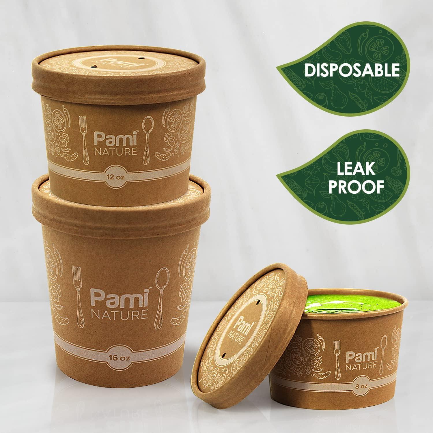 image:imagePAMI Paper Soup Cups With Lids Combo Set With 8oz 12oz amp16oz Bowls 48 Sets Total 100 Biodegradable Paper Bowls For Soups Noodles Chilies Disposable Brown Takeout Soup Containers With Lids