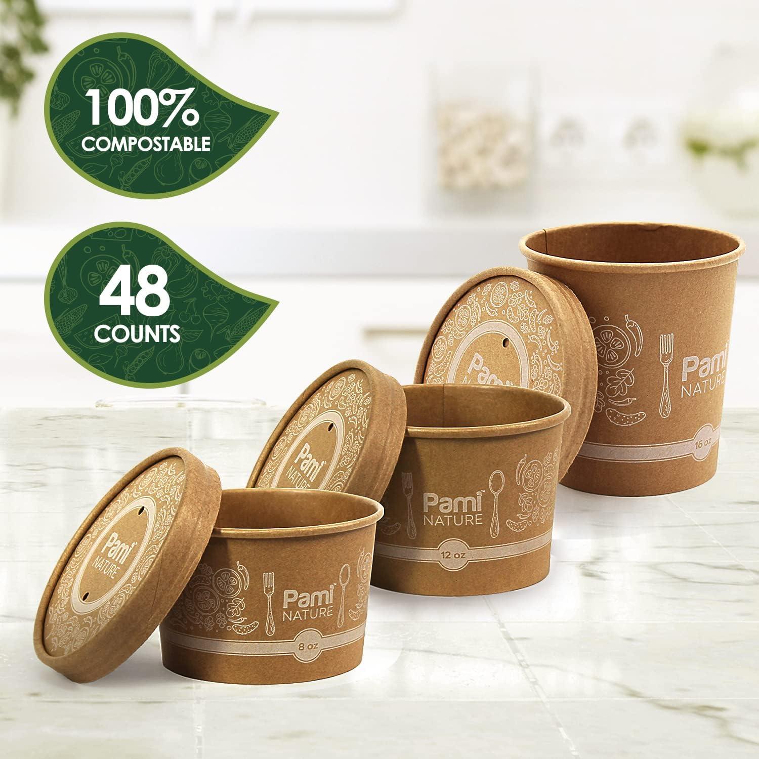 image:imagePAMI Paper Soup Cups With Lids Combo Set With 8oz 12oz amp16oz Bowls 48 Sets Total 100 Biodegradable Paper Bowls For Soups Noodles Chilies Disposable Brown Takeout Soup Containers With Lids