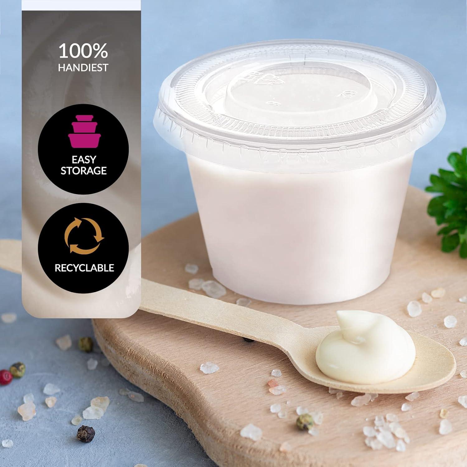image:imagePAMI Portion Control Cups With Lids 4oz 100Pack Small Meal Prep Plastic Food Containers BPAFree Disposable Ramekin Cups Deli Containers For Condiments Sauces Salsas Dips Jello Shots
