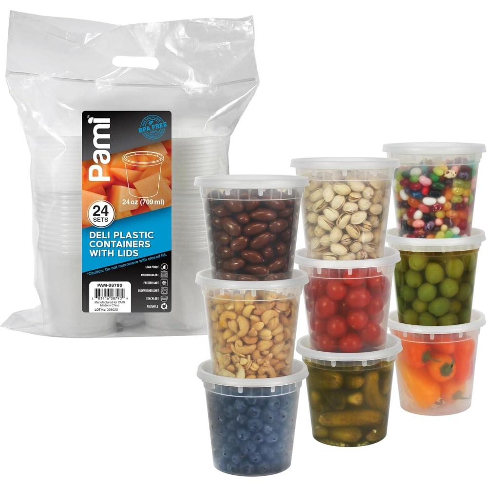 image:imagePAMI Deli Plastic Containers With Lids 24Pack 24oz Small Food Containers For Sauces Salsas Dips BPAFree Microwave amp Freezer Safe Food Storage Pots Clear Meal Prep Condiment Containers