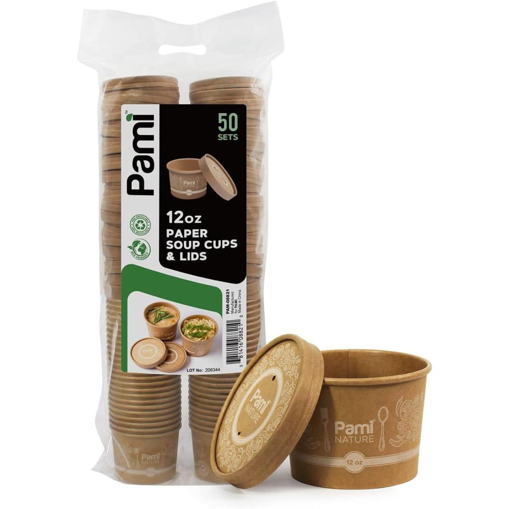 image:imagePAMI Paper Soup Cups With Lids 12oz 50 Pack 100 Biodegradable amp Compostable Paper Bowls For Soups Noodles Chilies amp More Disposable Brown Takeout Soup Containers With Lids
