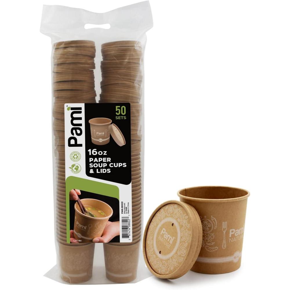 image:imagePAMI Paper Soup Cups With Lids 16oz 50 Pack 100 Biodegradable amp Compostable Paper Bowls For Soups Noodles Chilies amp More Disposable Brown Takeout Soup Containers With Lids