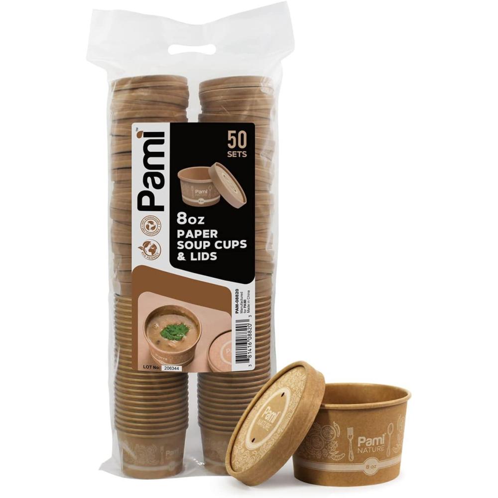 image:imagePAMI Paper Soup Cups With Lids 8oz 50 Pack  100 Biodegradable amp Compostable Paper Bowls For Soups Noodles Chilies amp More Disposable Brown Takeout Soup Containers With Lids