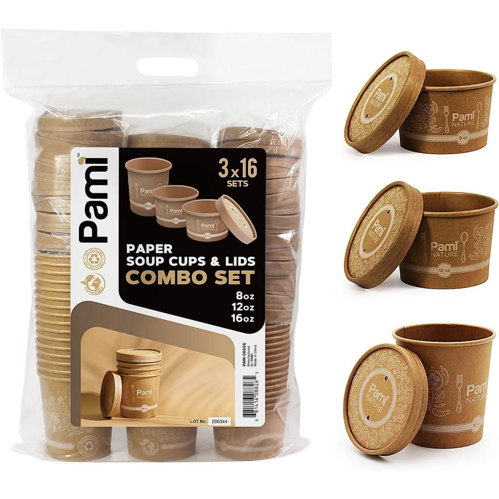 image:imagePAMI Paper Soup Cups With Lids Combo Set With 8oz 12oz amp16oz Bowls 48 Sets Total 100 Biodegradable Paper Bowls For Soups Noodles Chilies Disposable Brown Takeout Soup Containers With Lids