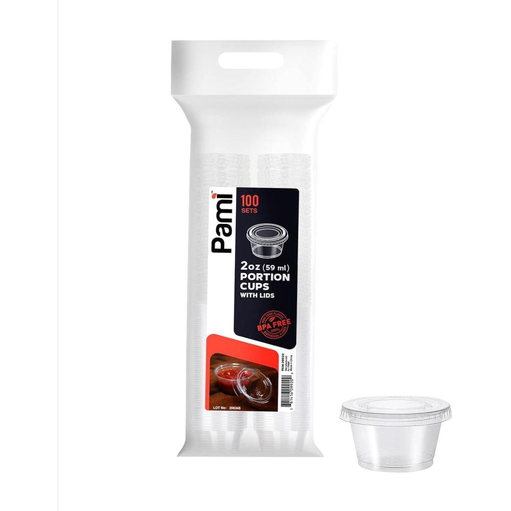 image:imagePAMI Portion Control Cups With Lids 2oz 100Pack Small Meal Prep Plastic Food Containers BPAFree Disposable Ramekin Cups Deli Containers For Condiments Sauces Salsas Dips Jello Shots