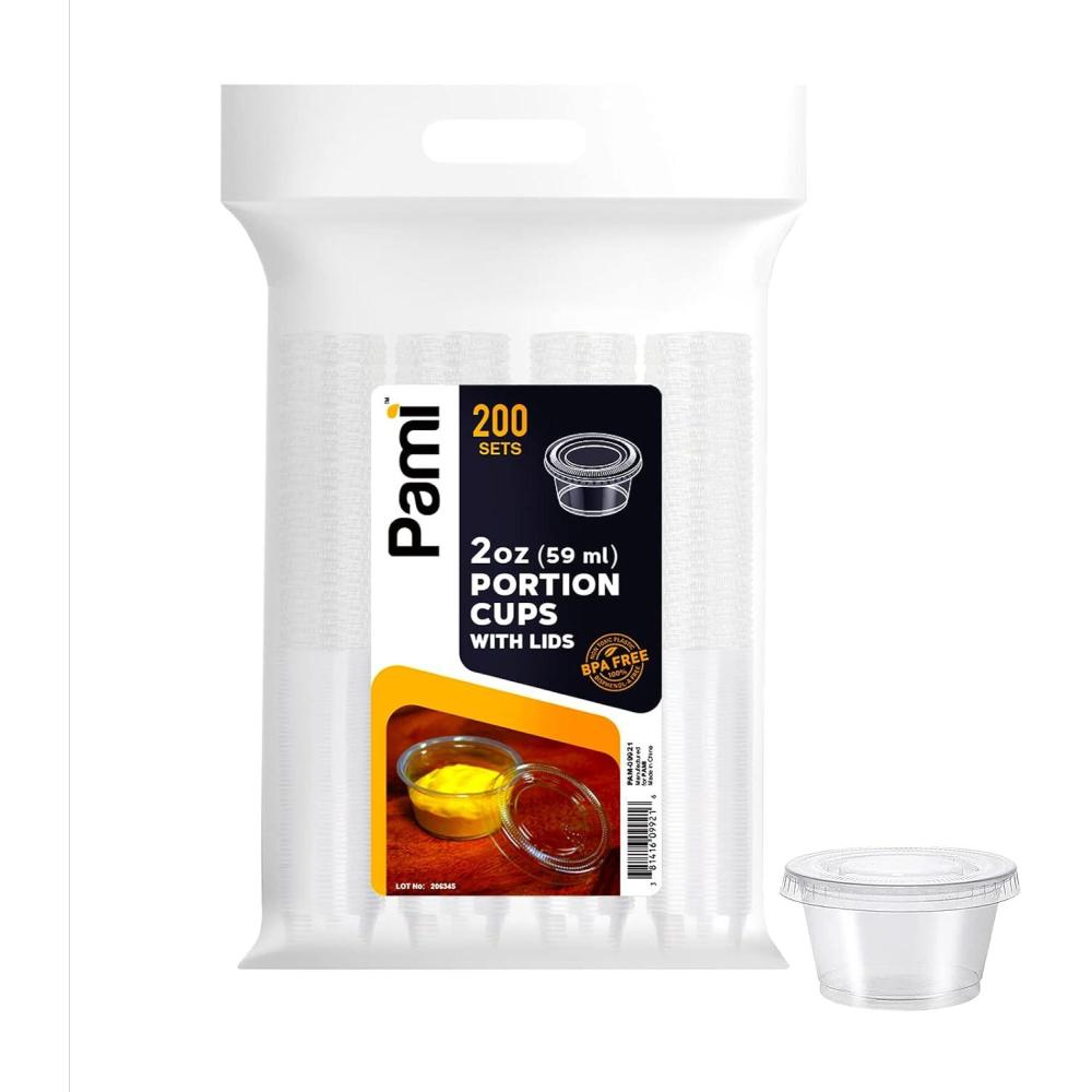 image:imagePAMI Portion Control Cups With Lids 2oz 200Pack Small Meal Prep Plastic Food Containers BPAFree Disposable Ramekin Cups Deli Containers For Condiments Sauces Salsas Dips Jello Shots